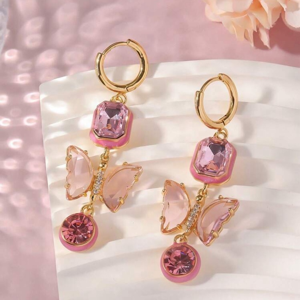 2/$30🌵 Crystal Butterfly Enamel Stone Earrings Hoop Vtg Style Pink Fairy NEW